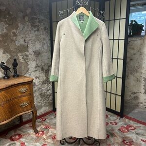 Cynthia Rowley Tan/Green Raw Edged Grommet Detailed Long Wool Blend Coat: Size 6